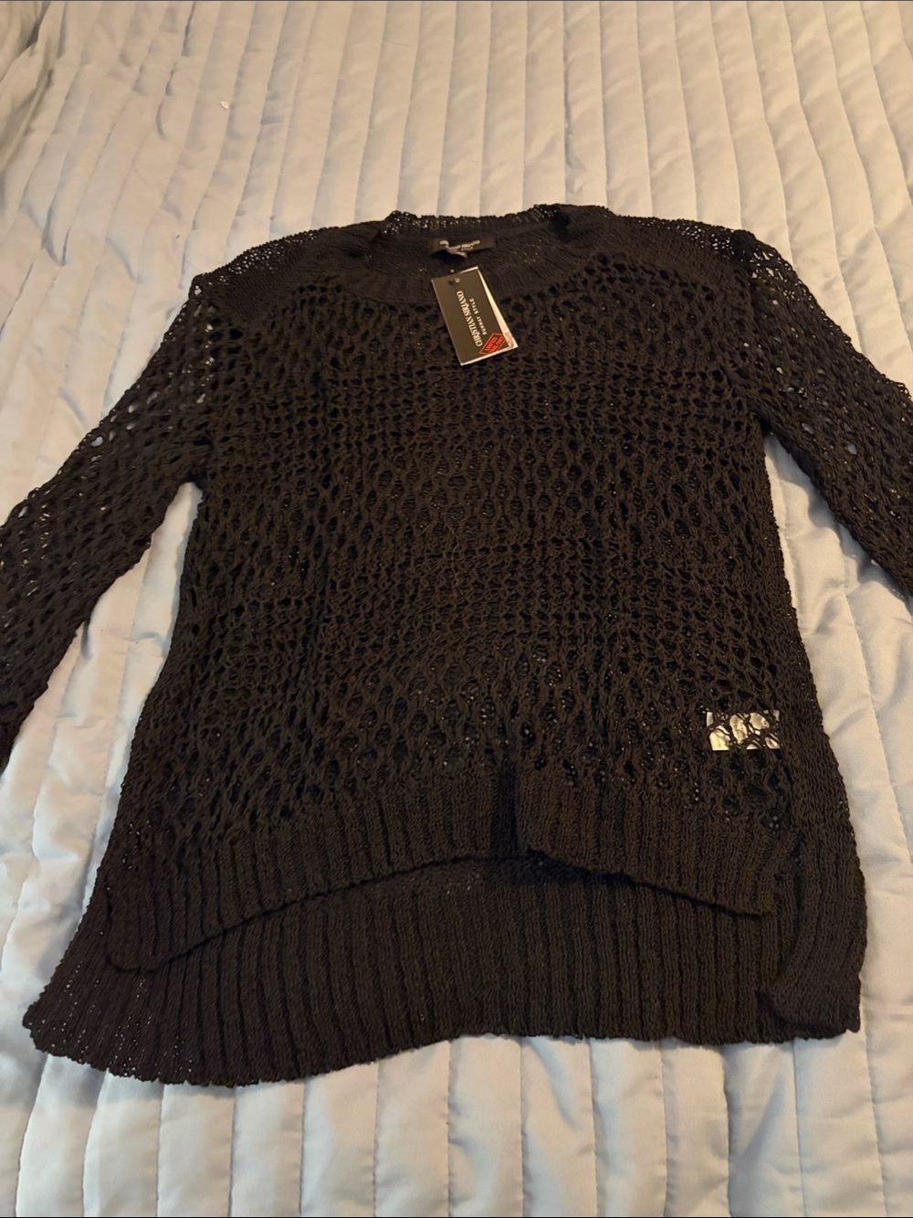 Christian Siriano Black Open-Knit Crewneck Sweater